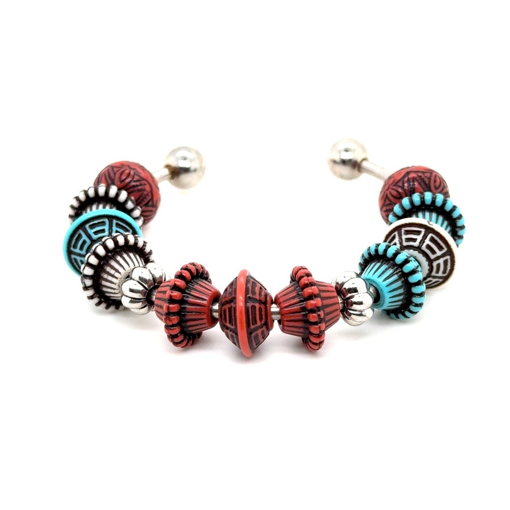 Southwestern Beaded Cuff Bracelet Silver Tone Red Turquoise Boho Artisan Style